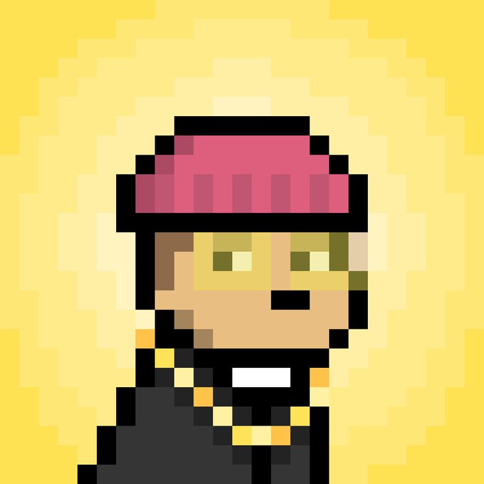 A pixel art portrait of a character with light skin, green eyes, and a red beanie or cap, set against a yellow background with a dark jacket.