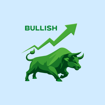 A graphic showing a green bull with an upward arrow and the word 'BULLISH' in bold text, set against a light blue background.