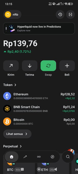 A screenshot of a cryptocurrency wallet app showing a balance of Rp139,76 (Indonesian Rupiah), with token holdings including Ethereum (Rp128,52), BNB Smart Chain (Rp11,24), and Bitcoin (Rp0,00).