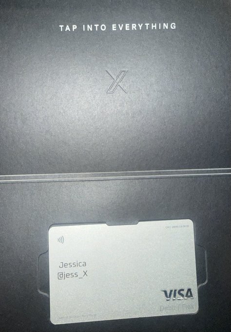 A sleek metal X-branded card case engraved with "TAP INTO EVERYTHING" holds a Visa debit card belonging to "Jessica @jess_X" — perfectly embodying the post's quip about X Money being quietly more polished than expected.