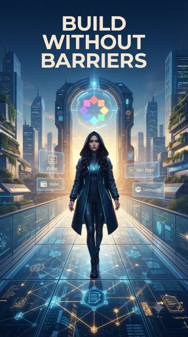 A sci-fi themed poster titled 'BUILD WITHOUT BARRIERS' showing a woman in futuristic attire walking through a cyberpunk cityscape with floating icons for Wallet and Mini Apps.