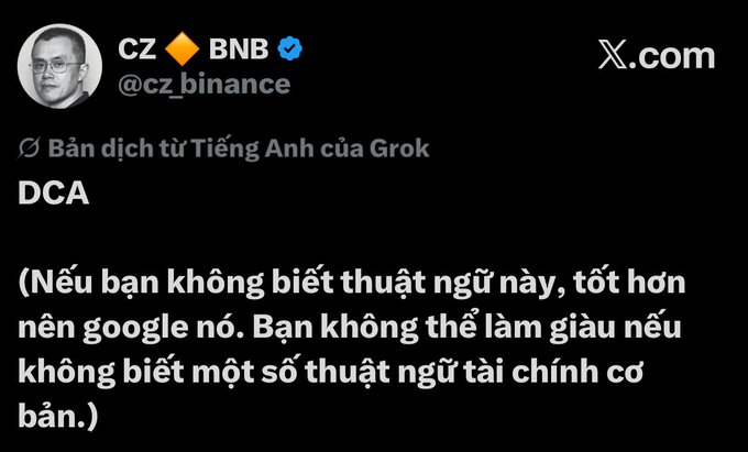 CZ shares a Vietnamese tweet advising that without knowing DCA (or basic financial terms), one cannot get rich, urging readers to educate themselves to build wealth.