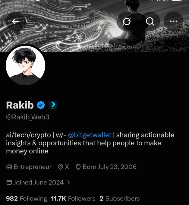 A Twitter/X profile for "Rakib" (@Rakib_Web3) with a verified blue checkmark, describing himself as "ai/tech/crypto | w/- @bitgetwallet | sharing actionable insights & opportunities that help people to make money online." The account shows 982 Following, 11.7K Followers, and 2 Subscribers.