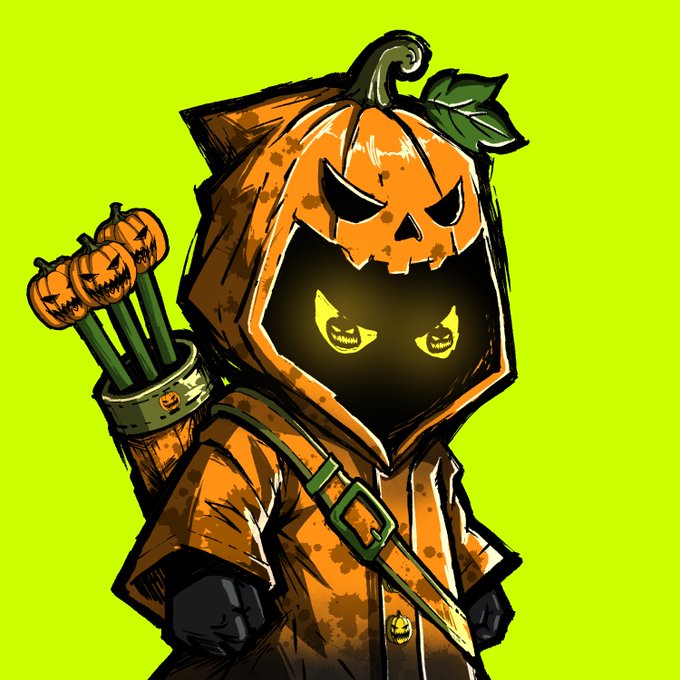 A cartoon illustration of a character wearing a pumpkin hood with glowing yellow eyes, carrying a quiver of pumpkin-headed arrows on their back, set against a green background.