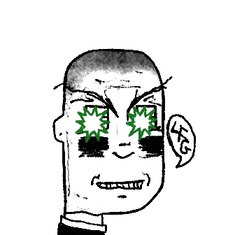 A black and white cartoon drawing of a man's face with angry eyebrows, dollar signs for eyes, and a speech bubble containing "$$$".