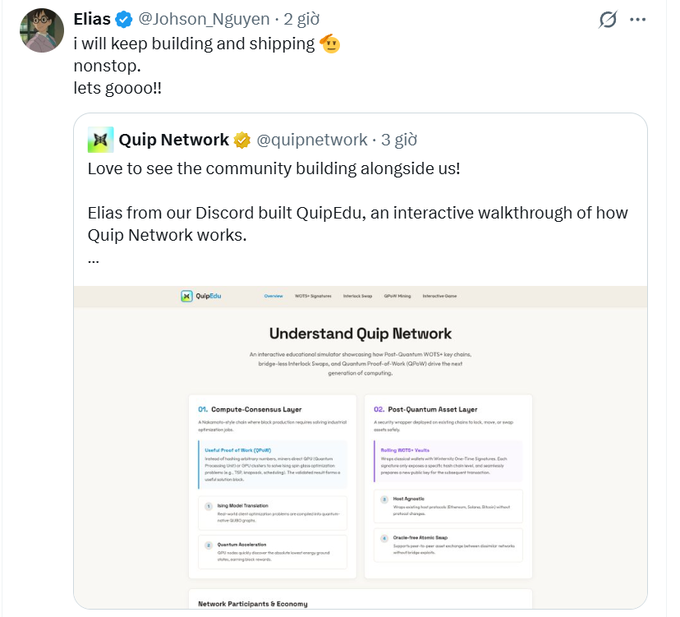 The focus of this image is a person's Twitter account with text posted about Quip Network. The person, who appears to be a local leader, seems to have received positive feedback from Quip network regarding their work or efforts made by them. The account message includes a positive statement in which the user says they will keep building and shipping alongside other nonstop goals. There is also an appreciation for those who have been working with them. This content appears to be set against the backdrop of a tweet about Quip Network, emphasizing the connection between both topics.