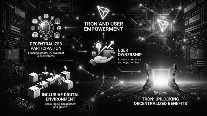 An infographic titled 'TRON AND USER EMPOWERMENT' illustrating four concepts: 'DECENTRALIZED PARTICIPATION', 'USER OWNERSHIP', 'INCLUSIVE DIGITAL ENVIRONMENT', and 'TRON: UNLOCKING DECENTRALIZED BENEFITS', rendered in white on a dark circuit-board background.