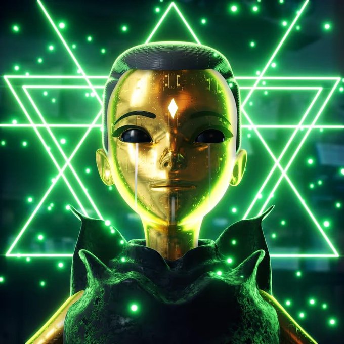 In the image, there's a 3D rendering of a person wearing a gold outfit with green accents. The person has a face that appears to be made up, giving them an alien or futuristic appearance. They are standing against a backdrop featuring a star-like pattern and neon lights in various colors. The caption reads "Congrats @ArashH96732598 Goldboi won by playing @TheColosseumAI". This suggests that the person's unique design and choice of outfit might have been inspired by or related to a popular video game, such as The Legend of Zelda: Twilight Princess.