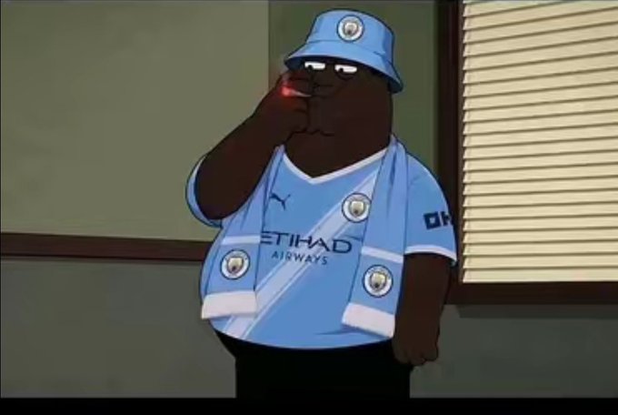 An animated character wearing a light blue Manchester City football jersey with "ETIHAD AIRWAYS" branding and a matching bucket hat smokes a cigarette.