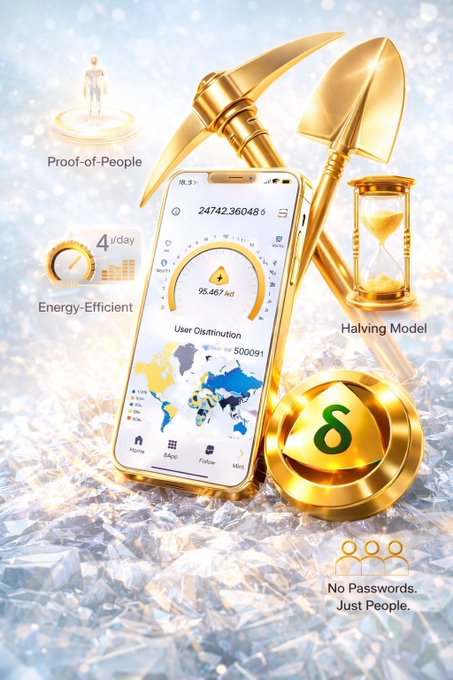 A promotional graphic for a cryptocurrency mining app featuring a gold phone displaying 'User Distribution' and '25.467 ad,' surrounded by icons labeled 'Proof-of-People,' 'Energy-Efficient,' 'Halving Model,' and 'No Passwords. Just People.'