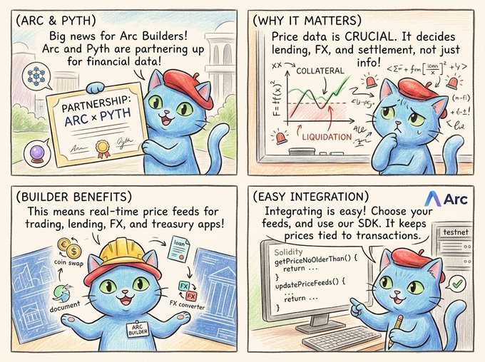 A four-panel educational comic featuring a blue cat character explaining a partnership between 'ARC & PYTH' for financial data, covering topics like price feeds, builder benefits, and SDK integration.
