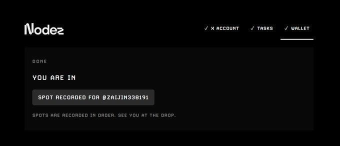 A confirmation screen on the Nodez platform displays "YOU ARE IN" with a checkmark and status "DONE," indicating that user @ZAIJIN338191 has successfully secured a spot, registered their EVM wallet, and completed the required social tasks as outlined in the promotional post.