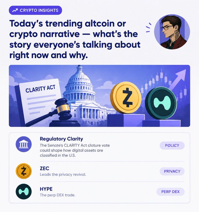 A 'Crypto Insights' graphic titled 'Today's trending altcoin or crypto narrative' highlighting 'Regulatory Clarity' (Senate's CLARITY Act vote), 'ZEC' (privacy revival), and 'HYPE' (perp DEX trade) with policy, privacy, and perp DEX tags.