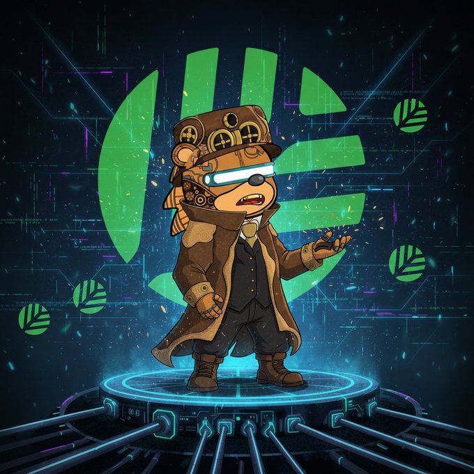 A digital illustration of a teddy bear character in a steampunk outfit with goggles, a top hat, and a brown coat, standing on a glowing tech platform with green leaf logos in the background.