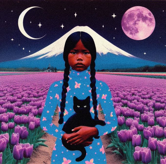 A vintage-style illustration of a girl with long braided hair holding a black cat, standing in a field of purple tulips beneath a starry night sky with Mt. Fuji, a crescent moon, and a pink moon in the background.