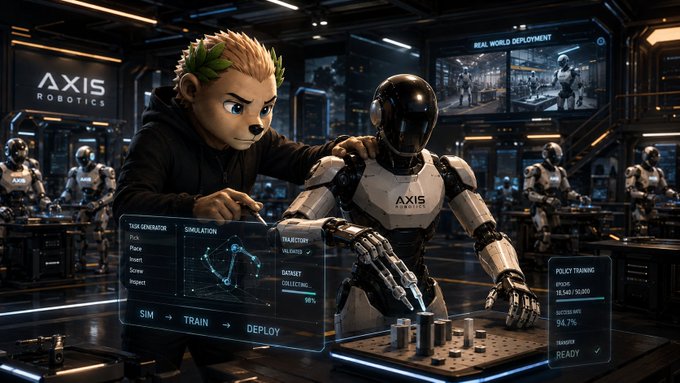 An anthropomorphic hedgehog with a laurel wreath on its head stands next to a humanoid robot labeled "AXIS ROBOTICS" in a futuristic robotics facility, while holographic displays show task generation, trajectory validation, and policy training interfaces.