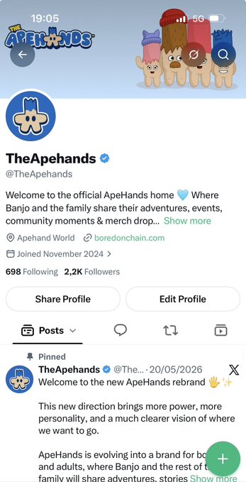 Mobile screenshot of the official ApeHands (@TheApehands) X/Twitter profile, a Bored Ape-related account with 698 Following, 2.2K Followers, joined November 2024, featuring a pinned post about an ApeHands rebrand.