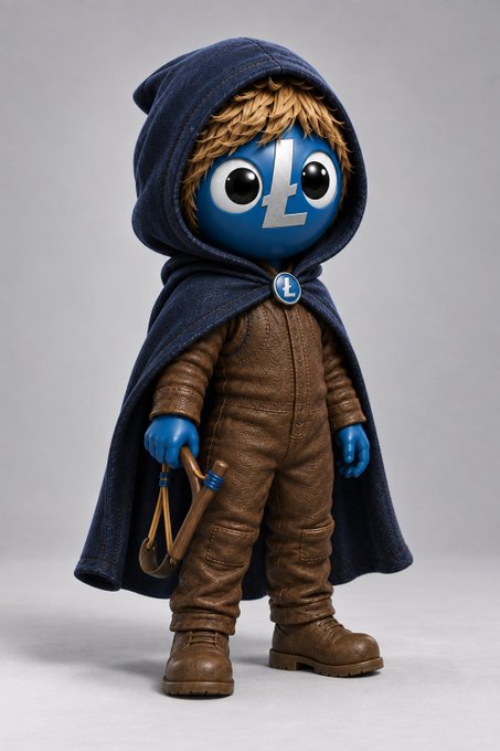 A figurine of a character with a blue Litecoin (Ł) face wearing a straw hat, brown overalls, and a blue hooded cloak, holding a slingshot.