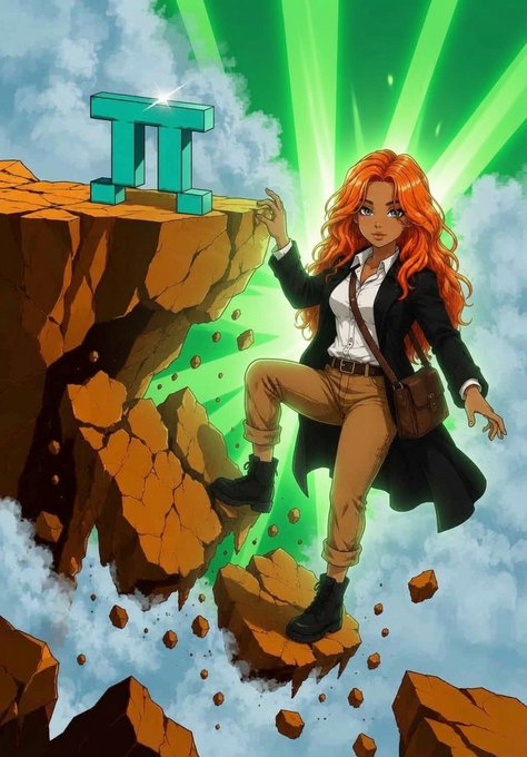 An anime-style illustration shows a red-haired woman in a black blazer and tan pants standing triumphantly on rocky terrain, reaching toward a glowing green Pi (π) cryptocurrency symbol atop a cliff.
