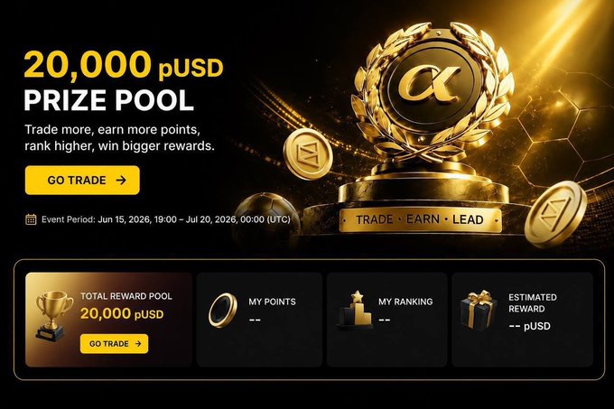 Promotional banner for a crypto trading competition featuring a 20,000 pUSD prize pool with a "TRADE • EARN • LEAD" theme, running June 15 to July 20, 2026, displaying an Alpha (α) trophy, a "GO TRADE" button, and dashboard tiles for reward pool, points, ranking, and estimated reward—aligning with the post's mention of a points-based trading rewards system similar to Polymarket's World Cup markets.