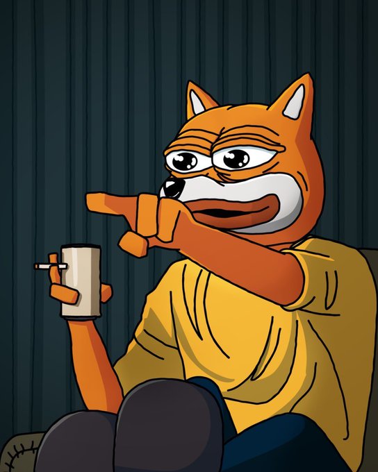 A cartoon orange fox wearing a yellow shirt sits against a dark striped background, pointing at the viewer with one paw while holding a white mug with a cigarette in it in the other.