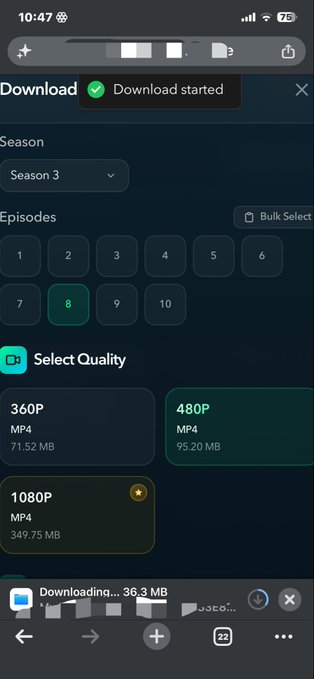 A mobile phone screenshot showing a download interface for 'Season 3' Episode 8, with 'Download started' notification, quality selection (360P, 480P, 1080P), and a download in progress at 36.3 MB.