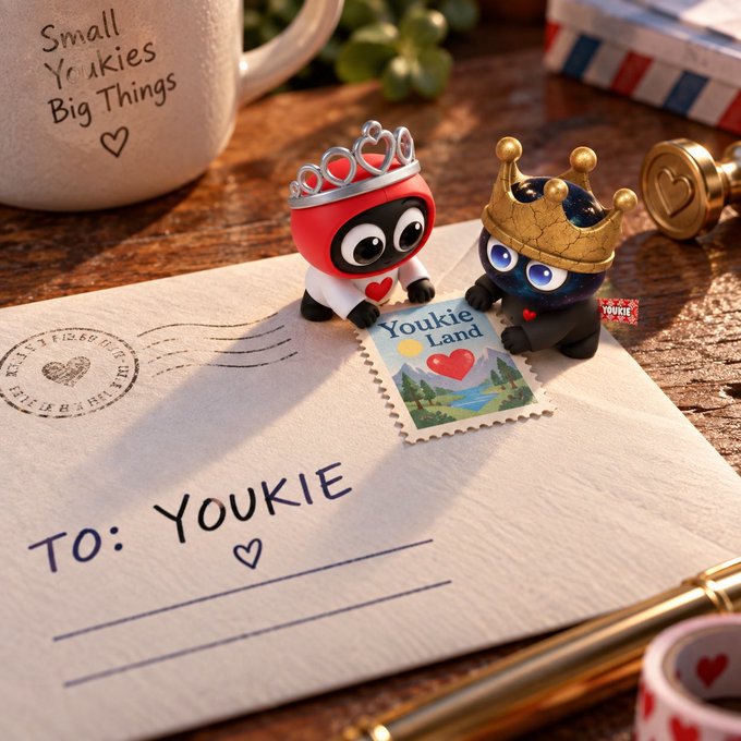 Two small crowned figurines sit on a postcard next to a mug that reads "Small Youkies Big Things" and an envelope addressed "TO: YOUKIE."
