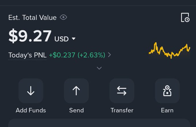 A cryptocurrency wallet app screenshot showing an estimated total value of $9.27 USD with a positive PNL of +$0.237 (+2.63%) and buttons for Add Funds, Send, Transfer, and Earn.