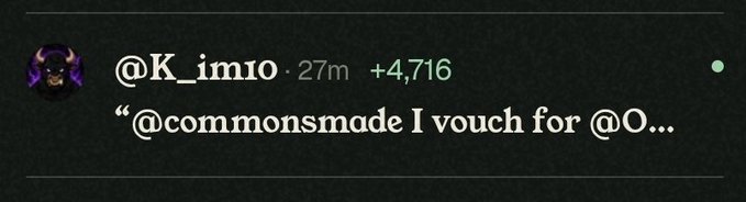 A screenshot of a notification from @K_imio posted 27 minutes ago, showing a +4,716 point vouch from user @commonsmade. The image directly illustrates the "vouch" system mentioned in the caption, where @K_imio's endorsement resulted in the +4,716 points awarded.