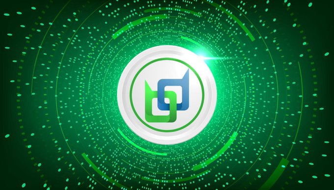 A digital graphic features a white circular logo with blue and green interlocking shapes set against a vibrant green background with concentric circular patterns and particle effects.