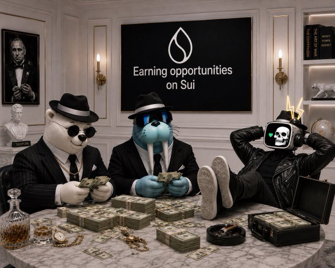 Three anthropomorphic characters in suits and hats sit at a table covered in cash with a screen reading 'Earning opportunities on Sui' in the background.