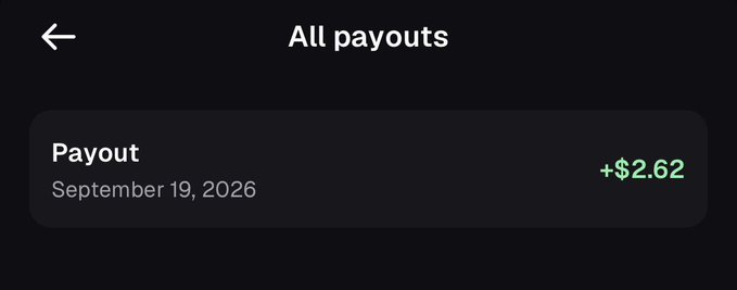 Mobile app screen showing 'All payouts' with a single Payout of +$2.62 dated September 19, 2026.