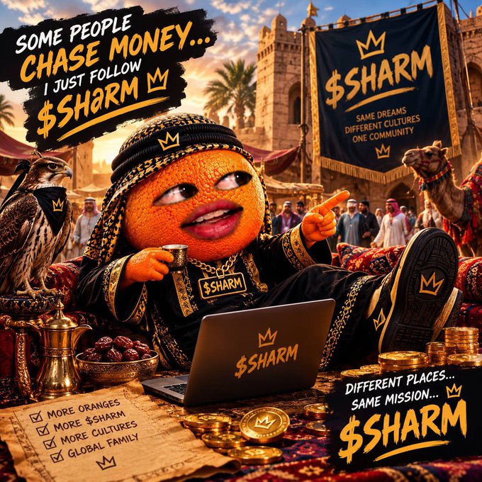 Vibrant promotional graphic for the cryptocurrency '$SHARM' featuring an anthropomorphic orange character in traditional Middle Eastern attire using a branded laptop, with text like 'SOME PEOPLE CHASE MONEY... I JUST FOLLOW $SHARM'.