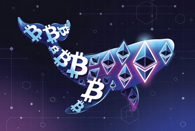 A stylized illustration depicts a whale silhouette composed of Bitcoin (₿) logos in its tail and Ethereum diamond logos forming its body, visually representing a major crypto whale exchanging BTC for ETH—symbolizing the large-scale capital rotation from Bitcoin to Ethereum described in the post.