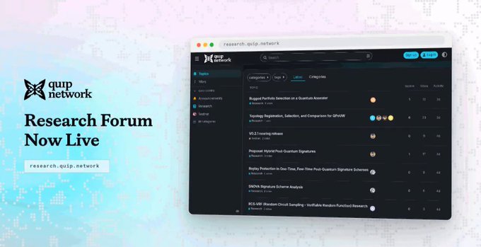 A promotional banner for the Quip Network Research Forum with the text 'Research Forum Now Live' and URL 'research.quip.network', showing a screenshot of a forum interface with topics like 'Rugged Portfolio Selection in a Quantum Annealer' and 'Topology Regression, Selection, and Comparison for QFNN'.