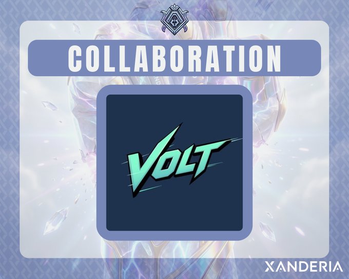 A promotional graphic announcing a collaboration with "VOLT," featuring bold "COLLABORATION" text at the top and the "XANDERIA" logo in the bottom right, set against a blue patterned background with abstract crystalline imagery—visually reinforcing the partnership announcement mentioned in the post.