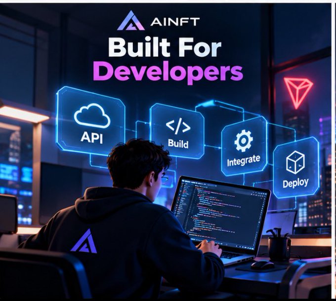 A promotional graphic for 'AINFT' reads 'Built For Developers' with icons labeled API, Build, Integrate, and Deploy above a developer at a laptop.