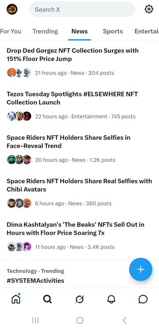 The image shows a phone screen displaying several posts from social media platforms, including Twitter and Instagram. The posts are arranged in a list format with various topics such as sports, entertainment, technology, and more. One of the posts highlights an event called "EloswhereNFB", which is about a collection of artworks being showcased on social media. The image also includes a caption that reads: "Greatful and honored for feature @objktcom proud to have organized #ELOSWHERE along with my fellow curators showcasing more than 160+ artists and 200+ artworks trending on X and currently top 2 collection will continue to organize more events in @tezos ecosystem link in comment.". The image focuses on the social media posts, their topics, and how they relate to each other.
