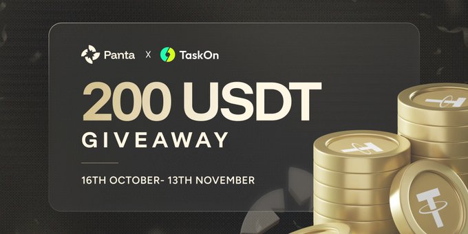 A promotional graphic for a '200 USDT GIVEAWAY' by Panta x TaskOn, running from 16th October to 13th November, with gold USDT coins on the right side.