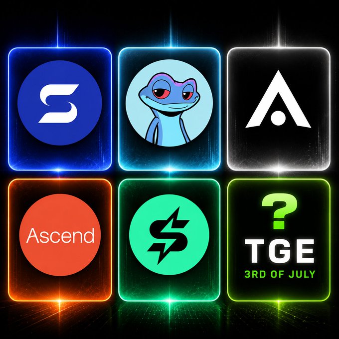 Six neon-lit token logos are displayed in a grid, featuring "$STRIKE" (blue), a cartoon gecko/Snek character, "$ATLAS" (white triangle), "Ascend" (orange), a green lightning bolt logo, and "TGE 3RD OF JULY" (green question mark), highlighting Cardano ecosystem CNTs ($STRIKE, $ASCEND, $ATLAS, $SNEK, $SURF, $ADDER) and teasing a major July Token Generation Event.