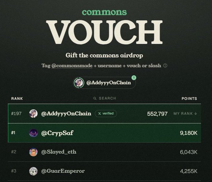 A screenshot of the "commons VOUCH" airdrop leaderboard shows @AddyyyOnChain ranked #197 with 552,797 points (highlighted as "MY RANK"), trailing behind top entries @CrypSaf (#1, 9,180K), @Slayed_eth (#2, 6,043K), and @GuarEmperor (#3, 4,255K). The image relates to the post by illustrating the competitive vouching system that has caused disputes among community members, which the author is urging people not to take personally.