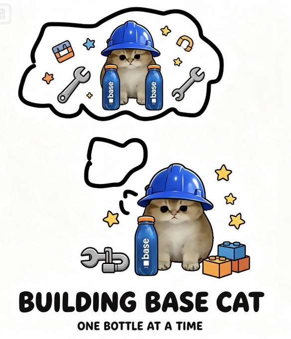 The image shows a "Base Cat" wearing a hard hat and holding "base" bottles, accompanied by construction tools and LEGOs, as it's "BUILDING BASE CAT ONE BOTTLE AT A TIME." This visually represents the "Base cats" hard at work building, aligning with the post's message.