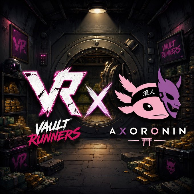 A promotional graphic for 'Vault Runners' and 'Axoronin,' showing a vault filled with gold bars with their respective logos — a stylized VR emblem and a pink/purple oni-mask creature — set in a dimly lit treasure room.