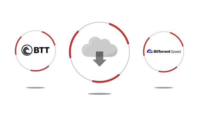 A graphic displaying circular icons for 'BTT' and 'BitTorrent Speed' on either side of a central cloud download icon, connected by a network visualization.