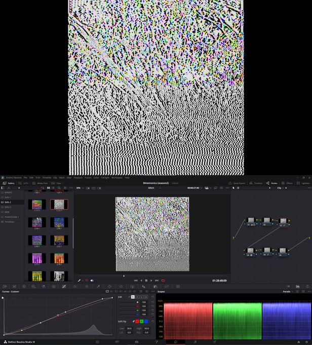 A screenshot of DaVinci Resolve Studio 18 showing a glitchy, static-filled video image in the preview window with the color grading panel and waveform scopes visible.