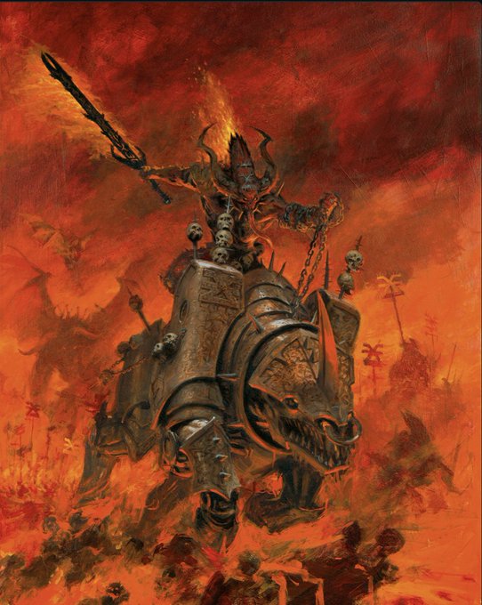 A fantasy artwork depicting a dark demonic warrior with horns riding a massive armored beast, wielding a spear against a fiery red apocalyptic landscape filled with skulls and other warriors.