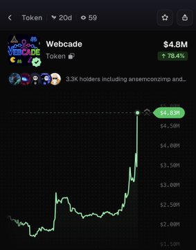 A price chart on Dexscreener shows the Webcade token (20d, #59) with a market cap of $4.8M, up 78.4%, held by 3.3K holders including "ansemconzimp"—the graph illustrates a sharp spike from around $1.5M to $4.83M, aligning with the post's claim of the token surging toward a $5M market cap following @blknoiz06's callout.