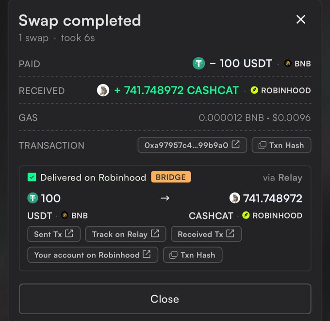 A 'Swap completed' notification showing a transaction where 100 USDT was paid and 741.748972 CASHCAT was received via Robinhood bridge.