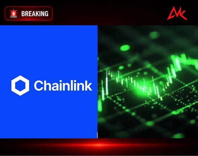 A 'BREAKING' news graphic featuring the Chainlink logo on a blue background next to green cryptocurrency price charts and graphs.