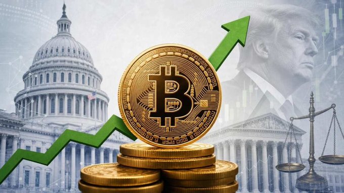 A graphic showing a gold Bitcoin coin stacked on other coins with a green upward arrow, set against the US Capitol building, a classical courthouse, the scales of justice, and a faint image of Donald Trump.
